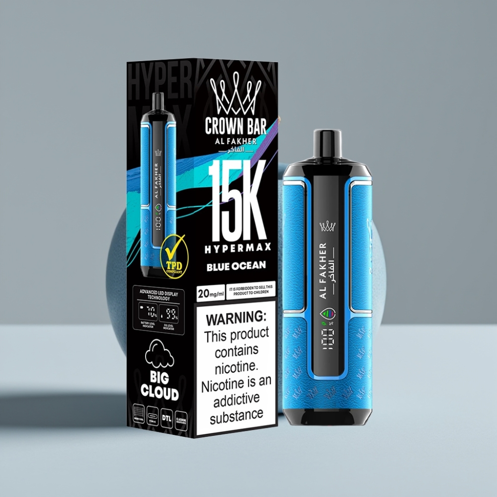 Al Fakher Crown Bar 15K Hypermax جهاز تبخير قابل للتصرف بنكهة المحيط الأزرق - 22مل، 15000 نفخة، شحن Type-C