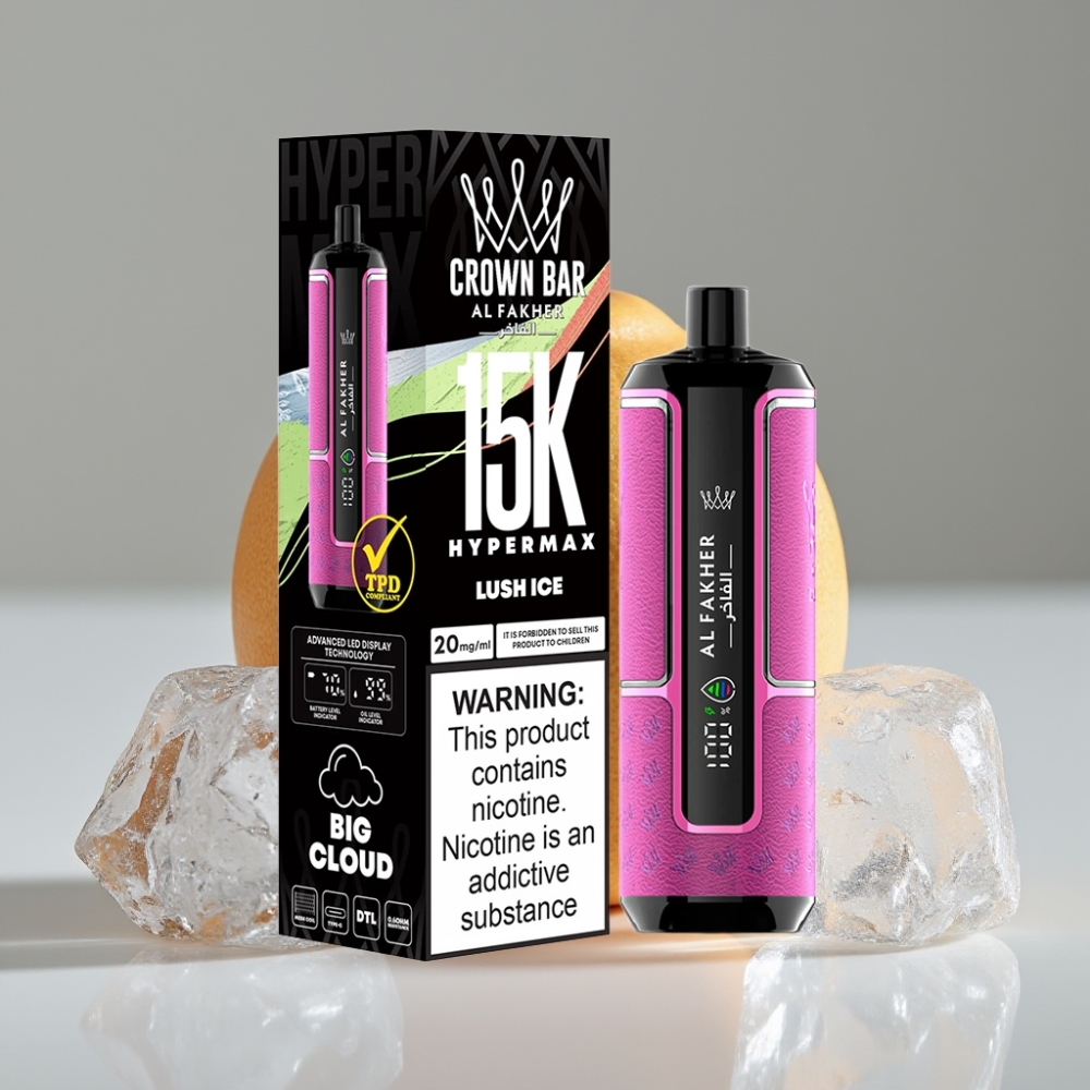 Al Fakher Crown Bar 15K Hypermax جهاز تبخير لوش آيس 22مل 6000 نفخة بطارية 600 مللي أمبير شحن Type-C