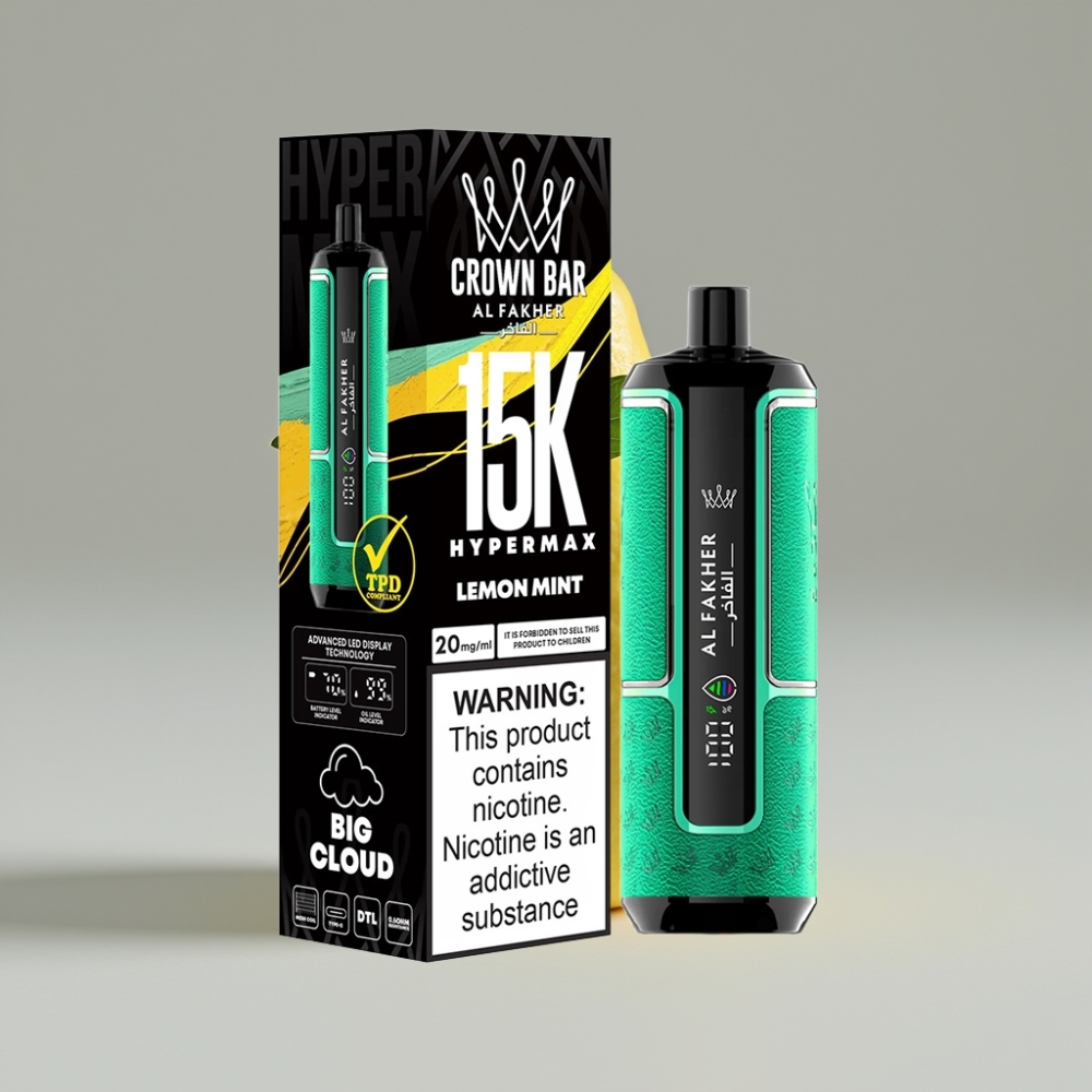 Al Fakher Crown Bar 15K Hypermax سيجارة إلكترونية للاستخدام مرة واحدة Kit ليمون نعناع - 22مل، 15000 نفخة، شحن Type-C