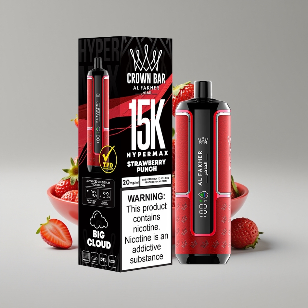 Al Fakher Crown Bar 15K Hypermax سيجارة إلكترونية للاستخدام مرة واحدة Kit 22ml 600mAh Type-C فراولة بانش