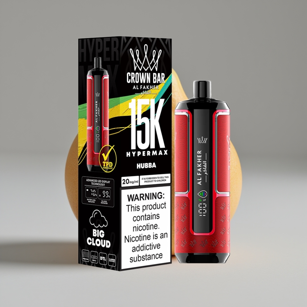 Al Fakher Crown Bar 15K Hypermax سيجارة إلكترونية للاستخدام مرة واحدة Kit Hubba - 22ml سعة، 15000 نفخة، شحن نوع-C، نيكوتين 6mg