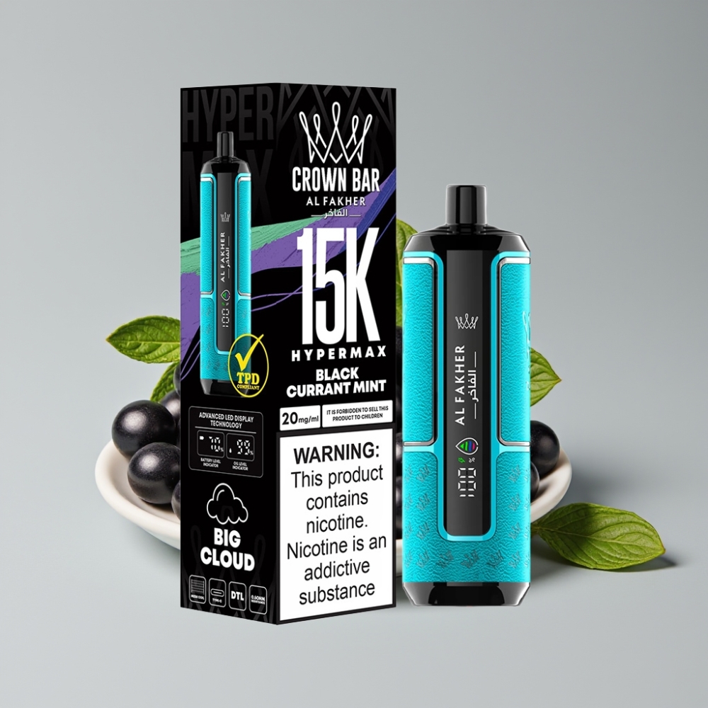 Al Fakher Crown Bar 15K Hypermax Vape Kit Disposable بنكهة الكشمش الأسود بالنعناع - سعة 22مل، 15000 نفخة، بطارية 600 مللي أمبير