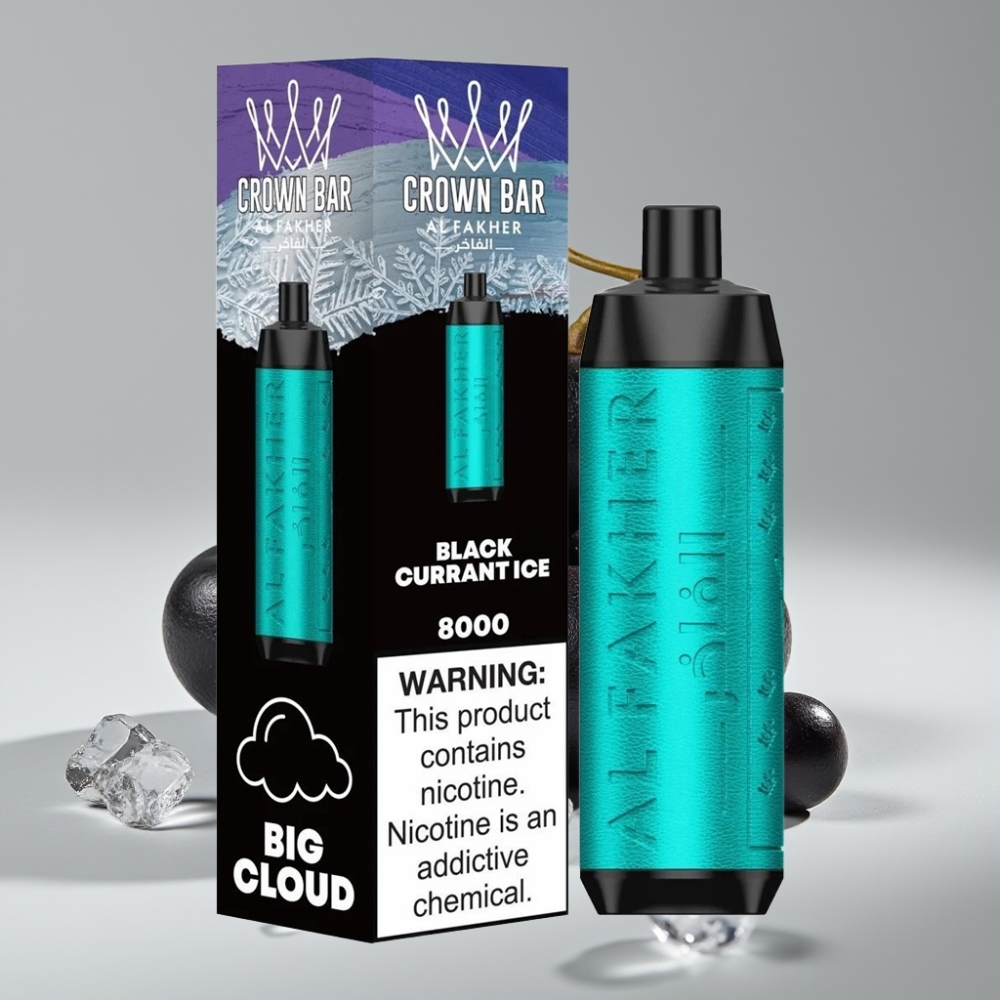 Al Fakher Crown Bar 8000 Crystal سيجارة إلكترونية للاستخدام مرة واحدة – Black Currant Ice – 18mL – 8000 Puffs – 5mg Nicotine – USB-C