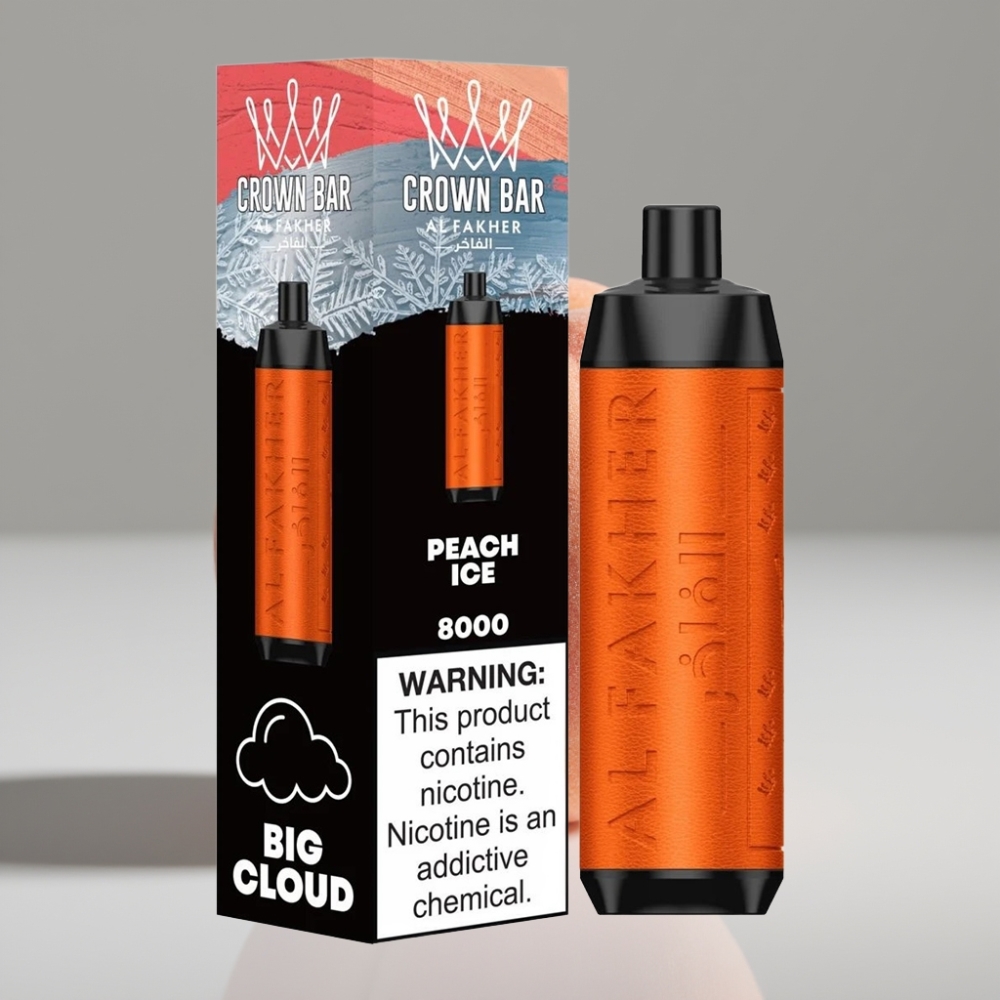 Al Fakher Crown Bar 8000 Crystal Vape Disposable بنكهة خوخ مثلج - شحن USB-C، 8000 نفخة، 18مل سائل، 5mg نيكوتين