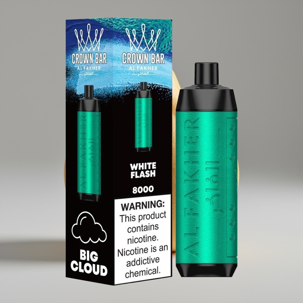 Al Fakher Crown Bar 8000 Crystal سيجارة إلكترونية للاستخدام مرة واحدة White Flash - 600mah Battery, 18ml E-Liquid, 8000 Puffs, 5mg Nicotine