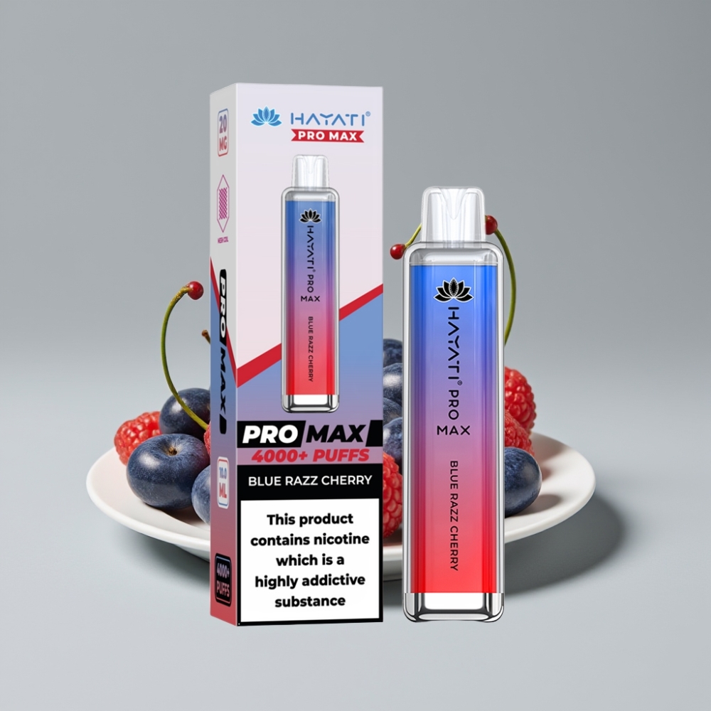 Hayati Pro Max 4000 Puffs سيجارة إلكترونية للاستخدام مرة واحدة توت أزرق كرز - بطارية 1400mAh قابلة لإعادة الشحن، 2% و5% نيكوتين، 28×28×120 مم