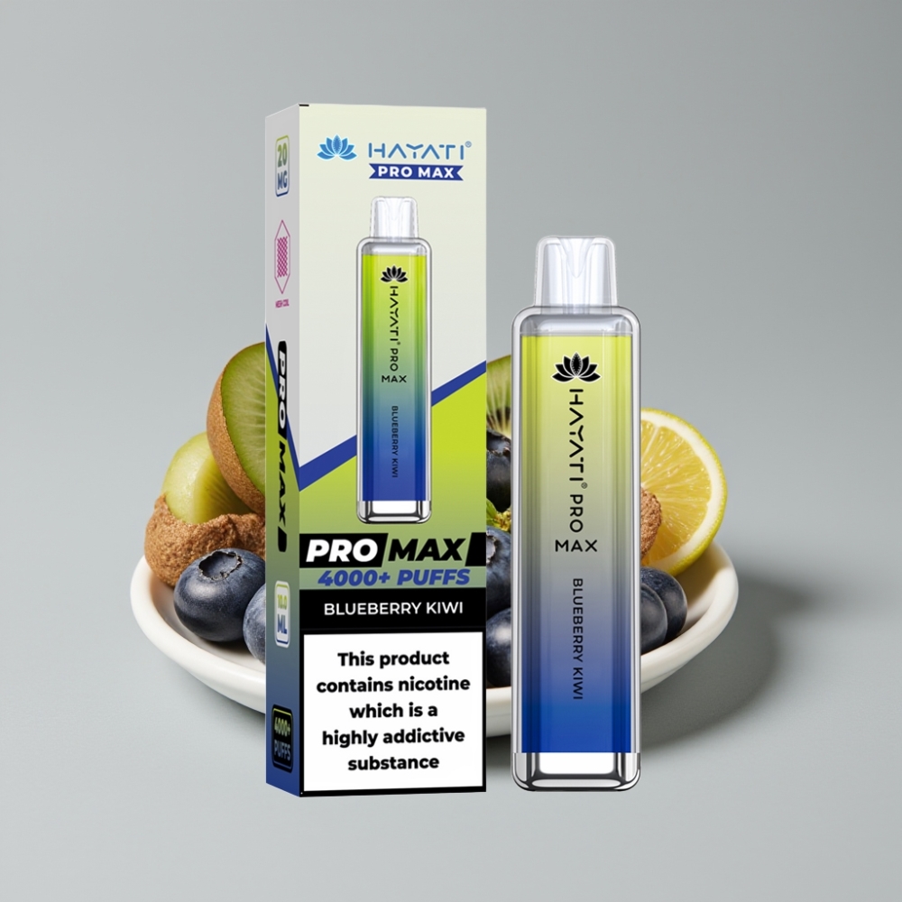 Hayati Pro Max 4000 Puffs سيجارة إلكترونية للاستخدام مرة واحدة توت أزرق وكيوي - 1400mAh بطارية قابلة لإعادة الشحن، Dual 1.1 Ohm Mesh Coil، 2%/5% نيكوتين