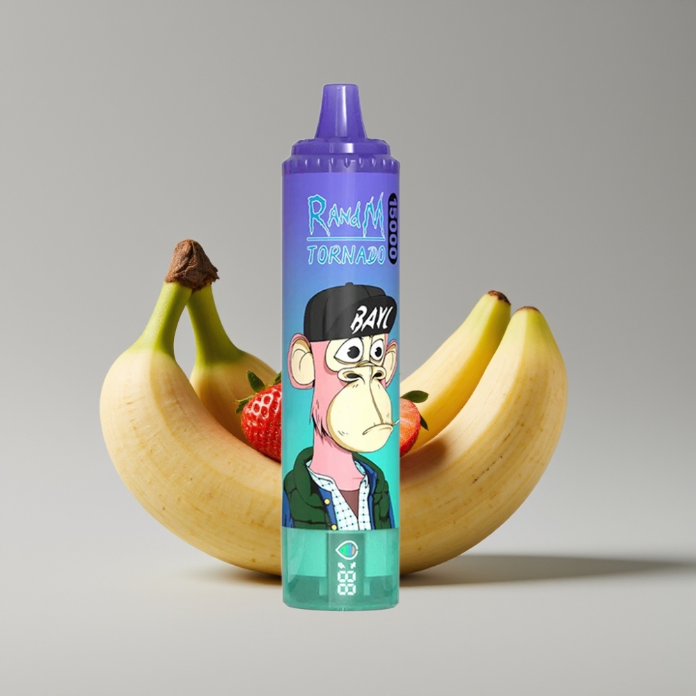 RandM Fumot Tornado 15000 Puffs Strawberry Banana - 25ml سعة - 850mAh بطارية - شاشة LCD - Type-C شاحن