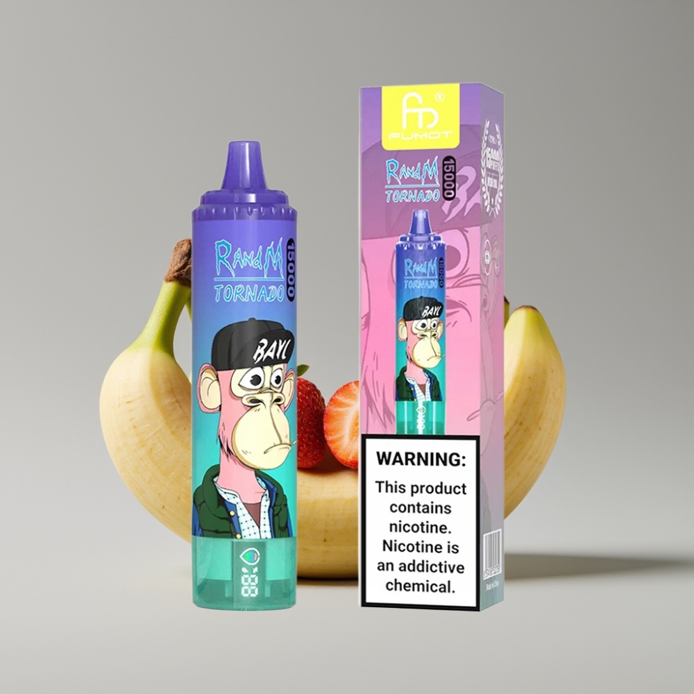 RandM Fumot Tornado 15000 Puffs Strawberry Banana - 25ml سعة - 850mAh بطارية - شاشة LCD - Type-C شاحن