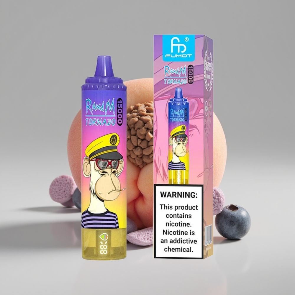 RandM Fumot Tornado 15000 Puffs Vape خوخ وعنب أزرق - 25ml سعة، شاشة LCD، شحن Type-C
