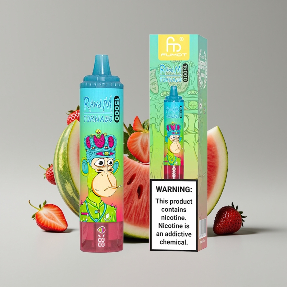 RandM Fumot Tornado 15000 Puffs Vape Disposable فراولة بطيخ بسعة 25مل وشاشة LCD وشحن Type-C