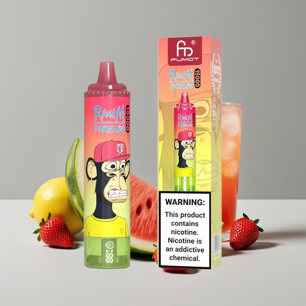 RandM Fumot Tornado 15000 Puffs Vape Disposable فراولة بطيخ ليموناضة - 25ml 850mAh شاشة LCD شحن Type-C