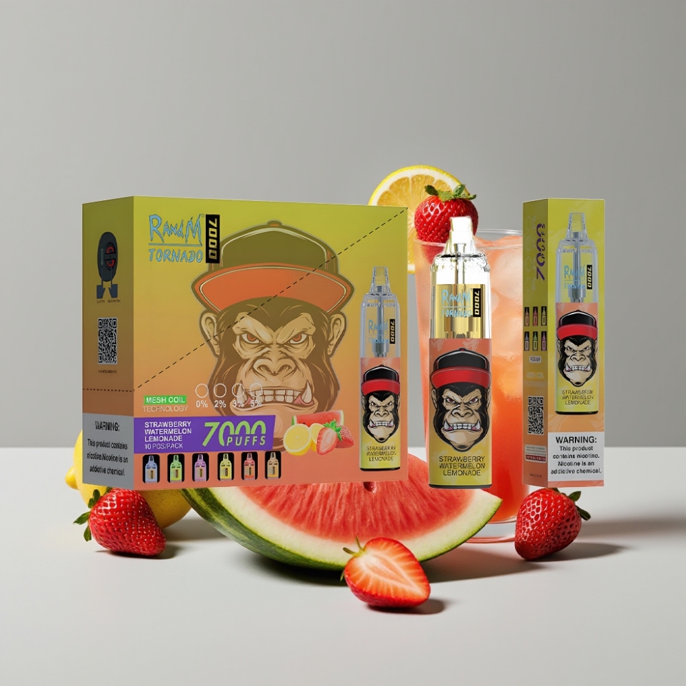 RandM Fumot Tornado 7000 Puffs سيجارة إلكترونية للاستخدام مرة واحدة - فراولة بطيخ ليموناضة - 14ML 850MAH Mesh Coil