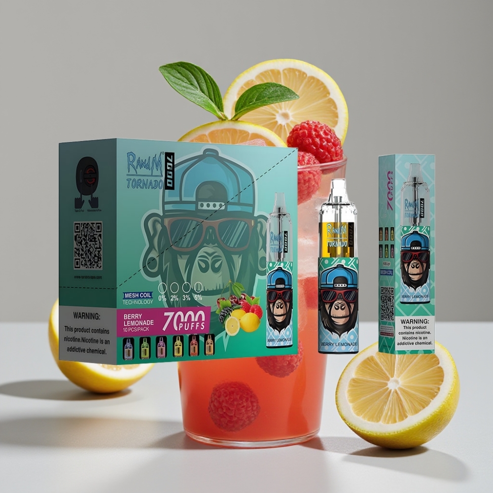 RandM Fumot Tornado 7000 Puffs سيجارة إلكترونية للاستخدام مرة واحدة - توت ليموناضة - 14ML - Mesh Coil - Type-C - RGB Light