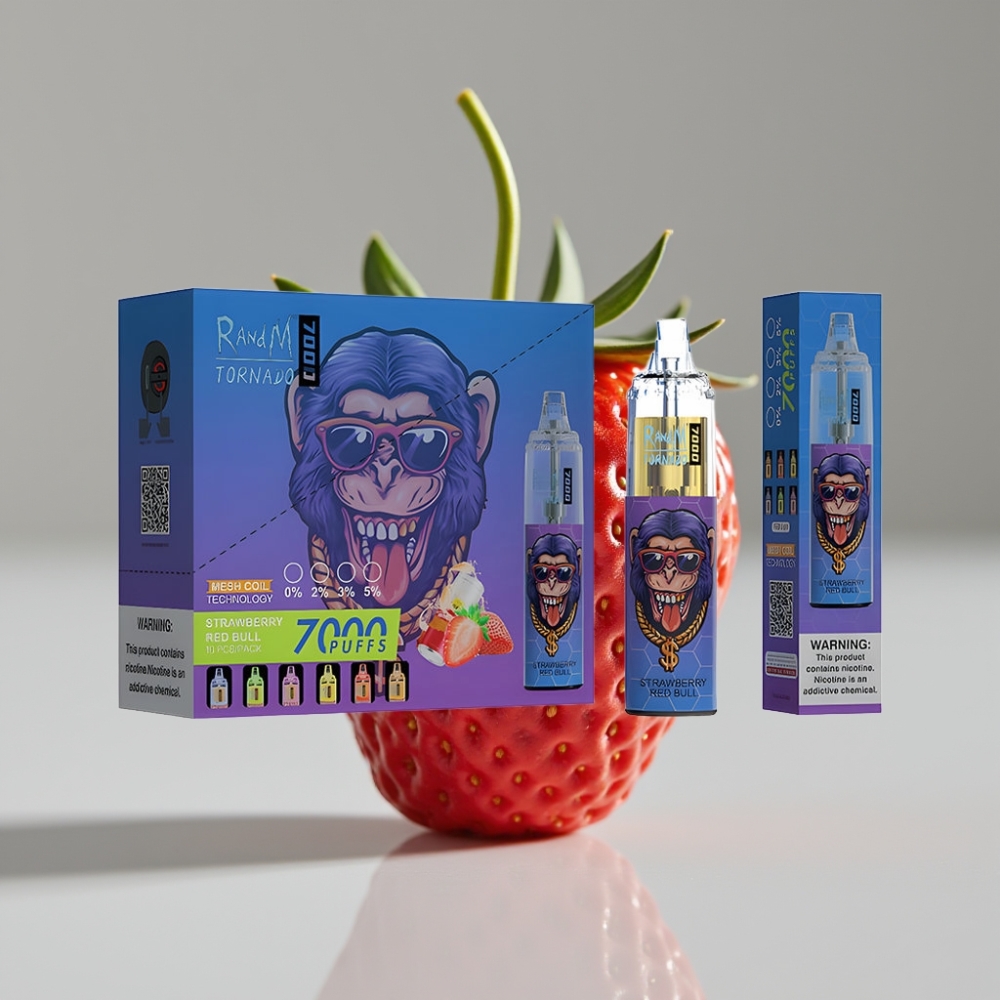 RandM Fumot Tornado 7000 Puffs سيجارة إلكترونية للاستخدام مرة واحدة فراولة ريد بول - 14 مل سائل، 850 مللي أمبير، شبكة، منفذ Type-C، ضوء RGB