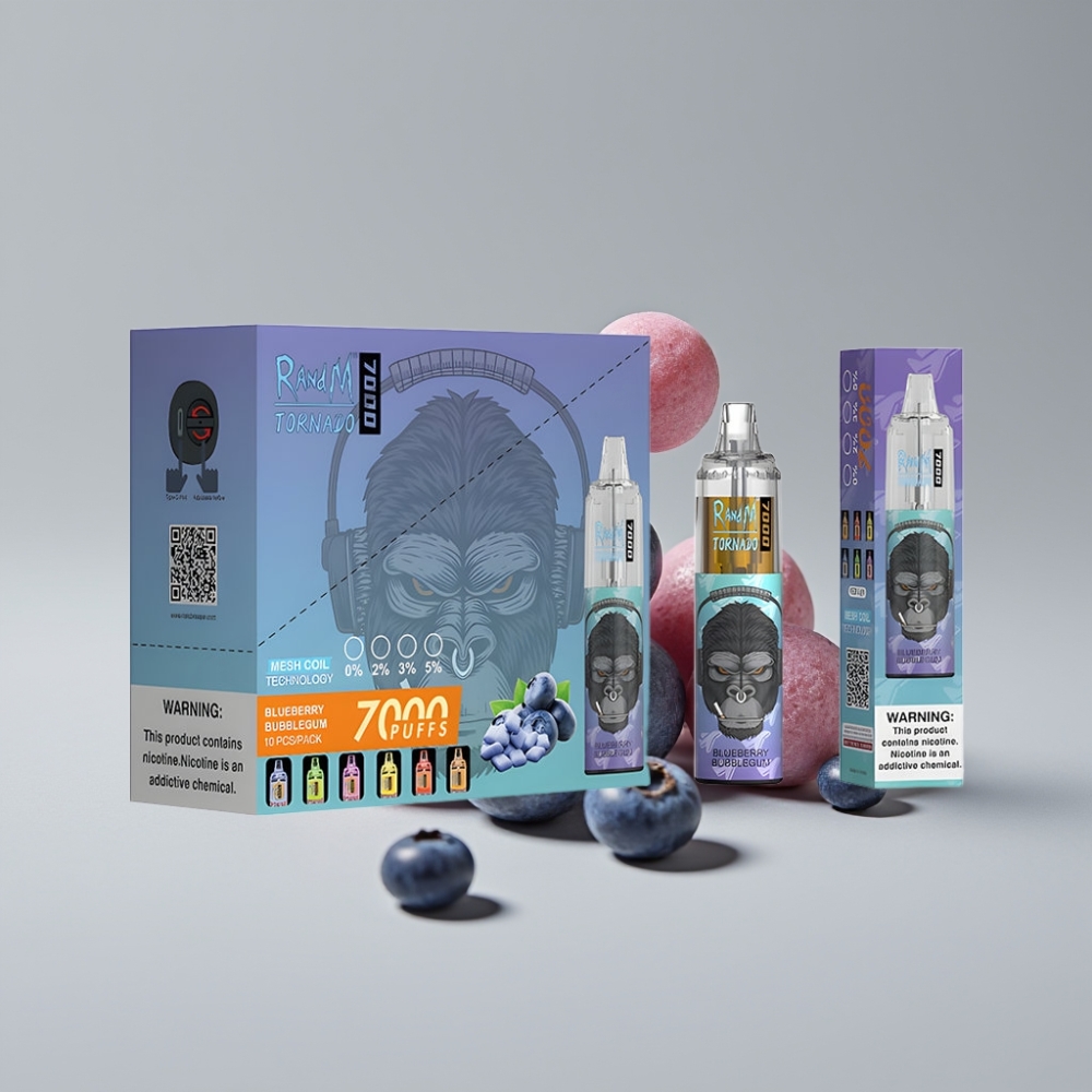 RandM Fumot Tornado 7000 Puffs سيجارة إلكترونية للاستخدام مرة واحدة - Bubblegum Blueberry - 14ML E-liquid - Mesh Coil - Type-C - RGB Light