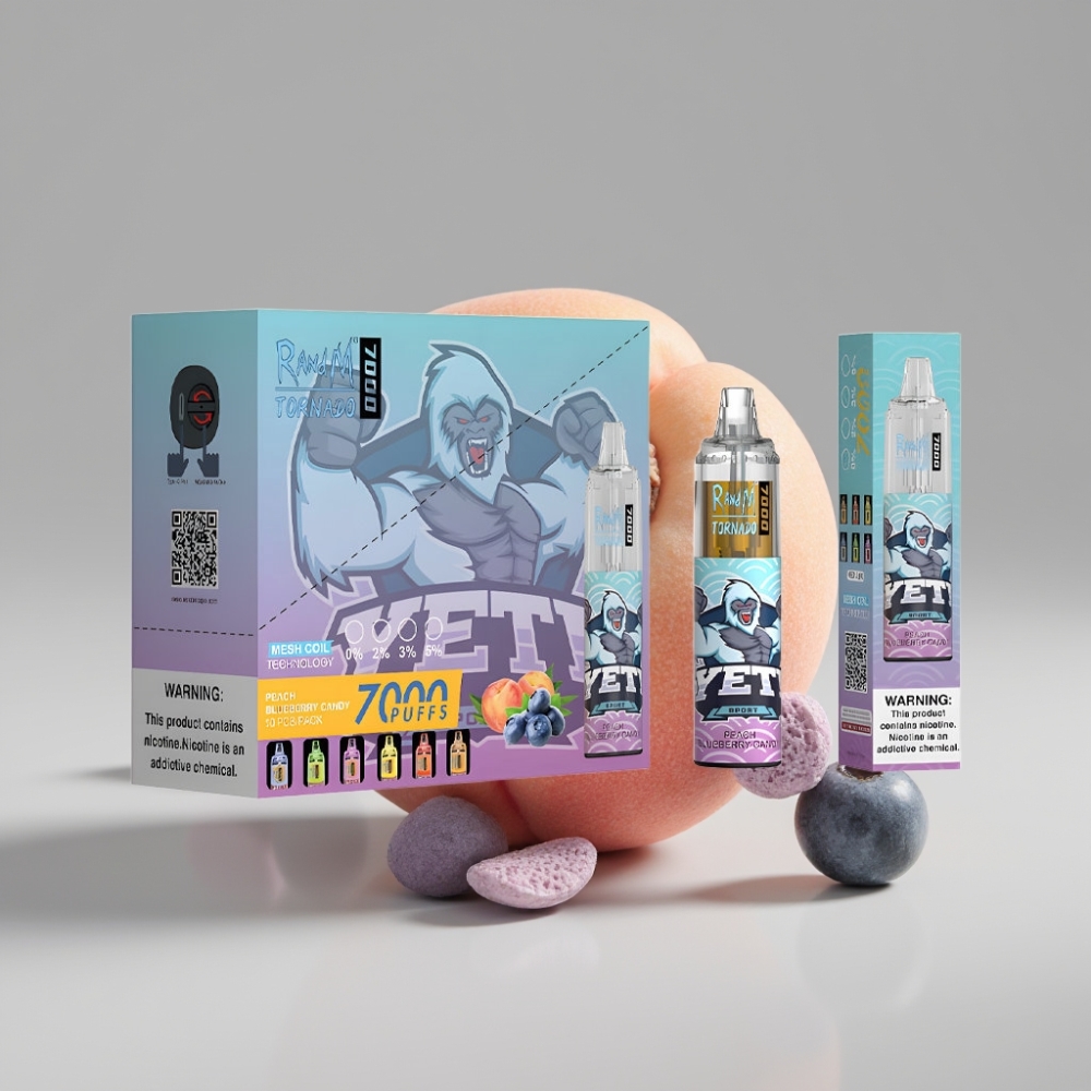 RandM Fumot Tornado 7000 Puffs سيجارة إلكترونية للاستخدام مرة واحدة Peach Blueberry Candy - 14ML E-liquid - Mesh Coil - Type-C Port