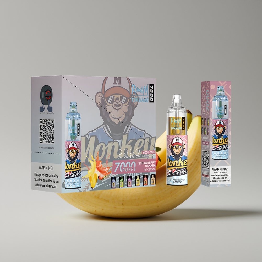 RandM Fumot Tornado 7000 Puffs Strawberry Banana سيجارة إلكترونية للاستخدام مرة واحدة - 14ML E-liquid, 850MAH, Mesh Coil, Type-C, RGB