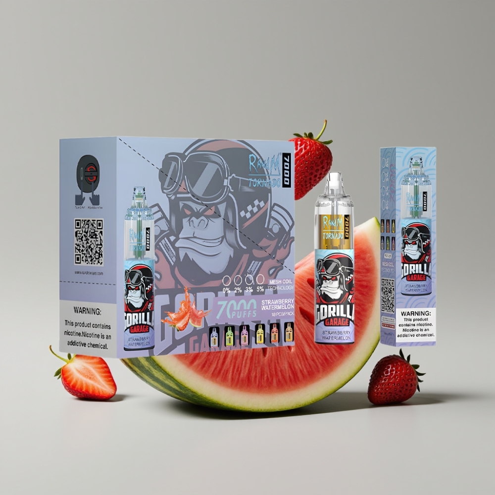 RandM Fumot Tornado 7000 سيجارة إلكترونية للاستخدام مرة واحدة - Strawberry Watermelon - 7000 Puffs - 14ML - Mesh Coil - Type-C - RGB