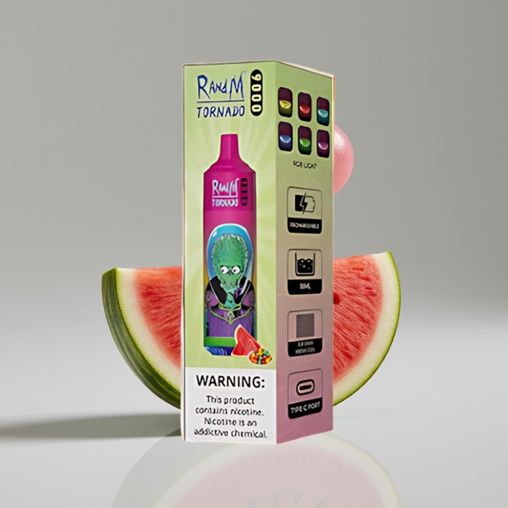 RandM Fumot Tornado 9000 Puffs 18mL 850mAh Mesh Coil جهاز تبخير بنكهة بطيخ وعلكة فقاعية بشاشة RGB