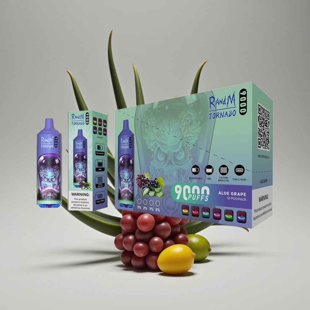 RandM Fumot Tornado 9000 Puffs 18mL Mesh Coil Aloe Grape سيجارة إلكترونية للاستخدام مرة واحدة
