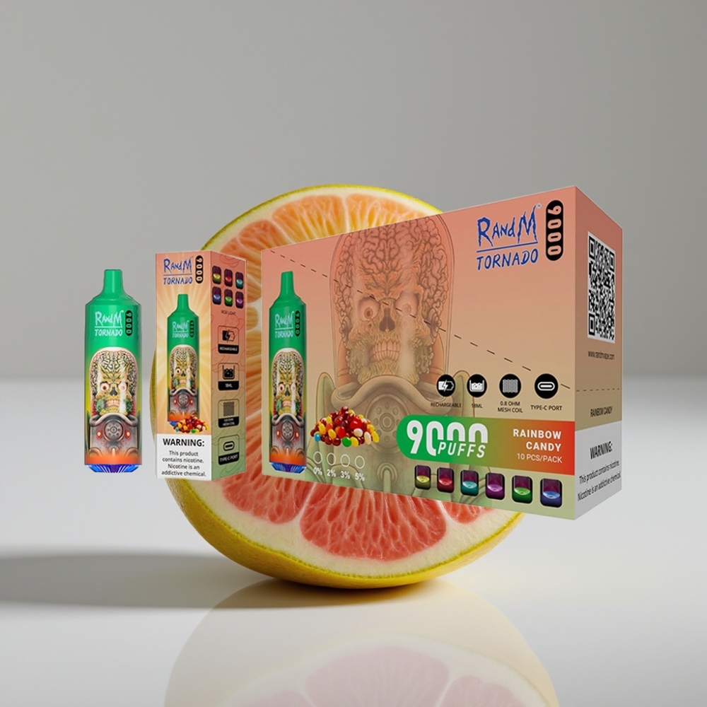RandM Fumot Tornado 9000 Puffs سيجارة إلكترونية للاستخدام مرة واحدة حلوى قوس قزح - 850 ملي أمبير - 18 مل - شاشة RGB - ملف شبكي