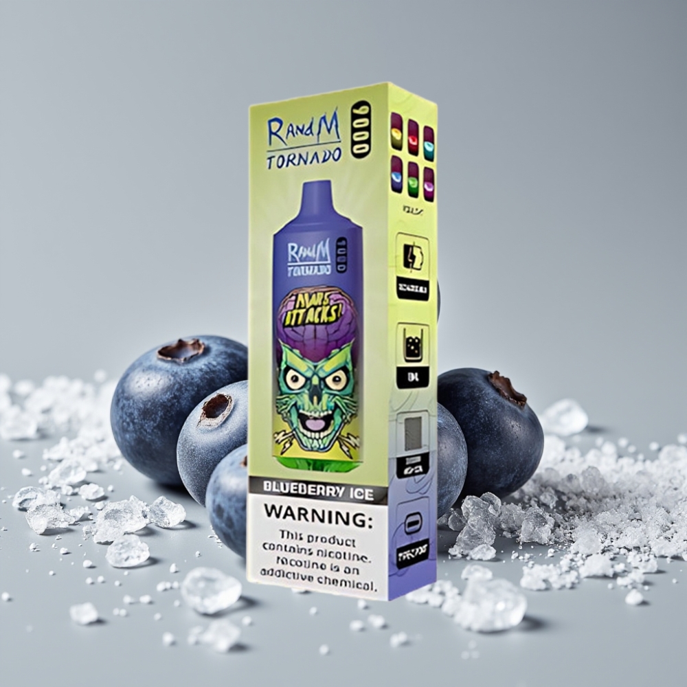 RandM Fumot Tornado 9000 Puffs سيجارة إلكترونية للاستخدام مرة واحدة توت أزرق جليدي - 850 مللي أمبير شاحن - شاشة RGB - 18 ملليلتر