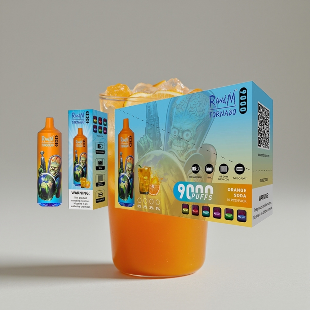 RandM Fumot Tornado 9000 Puffs سيجارة إلكترونية للاستخدام مرة واحدة Orange Soda - 18mL - Mesh Coil - RGB Display