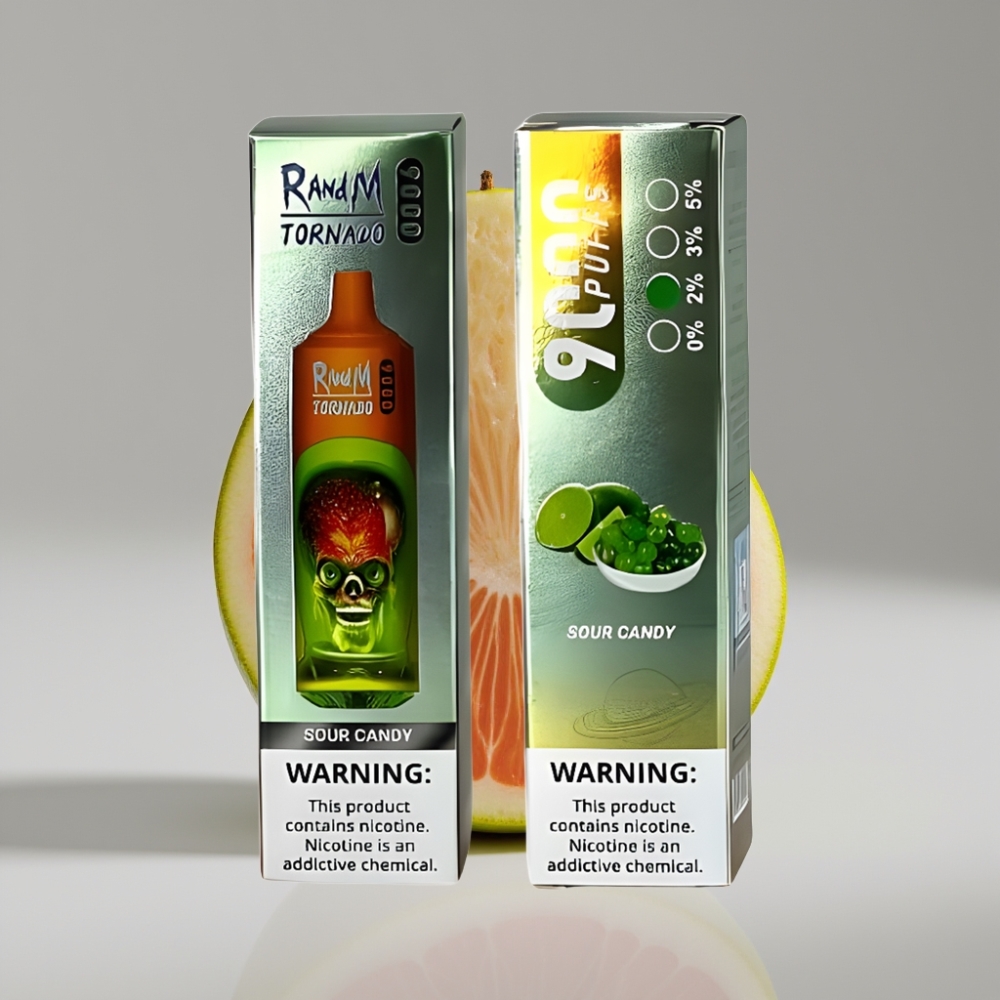 RandM Fumot Tornado 9000 Puffs Vape Disposable - حلوى لاذعة - 18mL - شاشة RGB - ملف شبكي