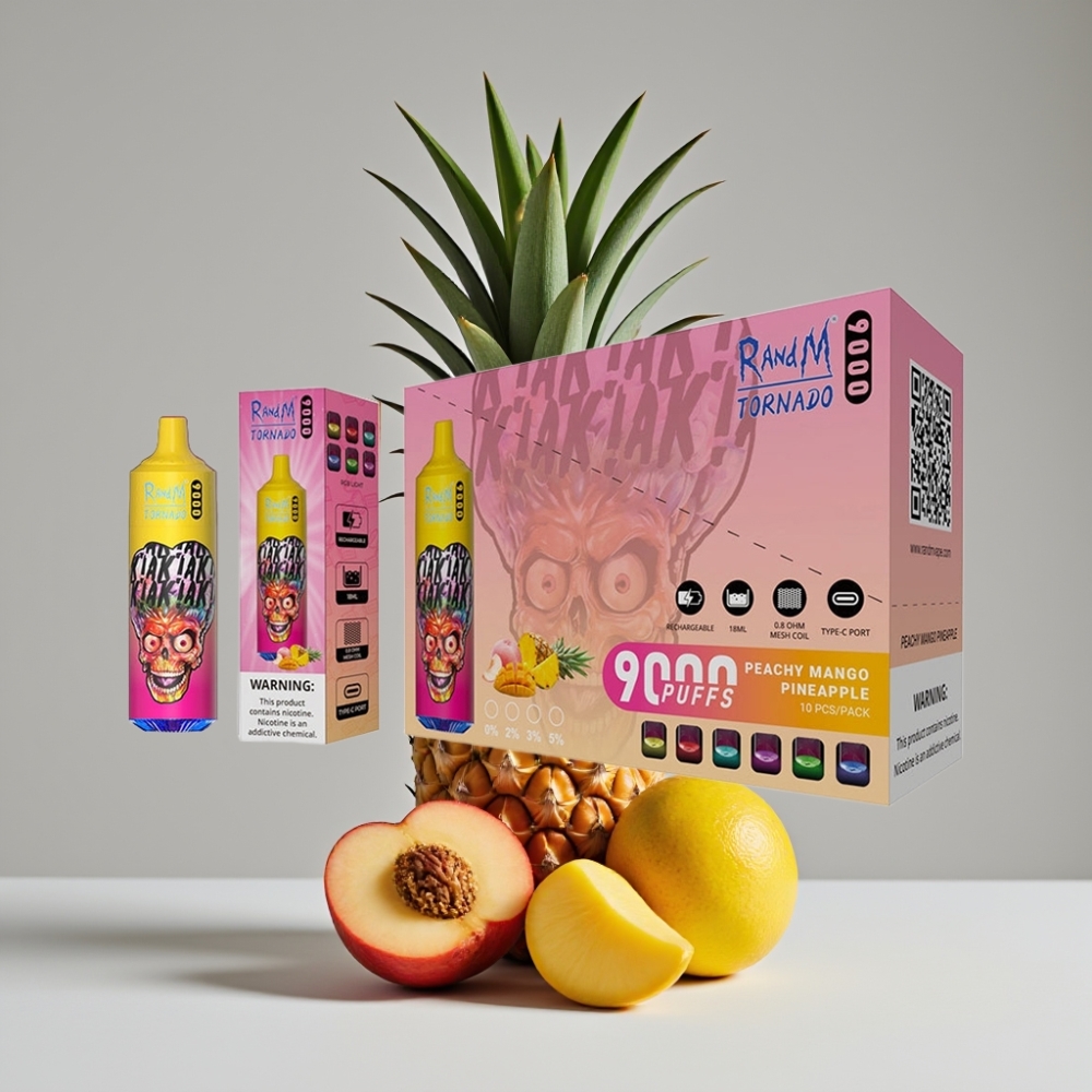 RandM Tornado 9000 Puffs سيجارة إلكترونية للاستخدام مرة واحدة - خوخ مانجو أناناس (Peachy Mango Pineapple) - 18mL - شاشة RGB - ملف شبكي
