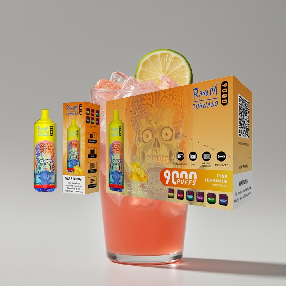 RandM Tornado 9000 Puffs Vape 18mL Mesh Coil Pink Lemonade 54 Flavors RGB Display