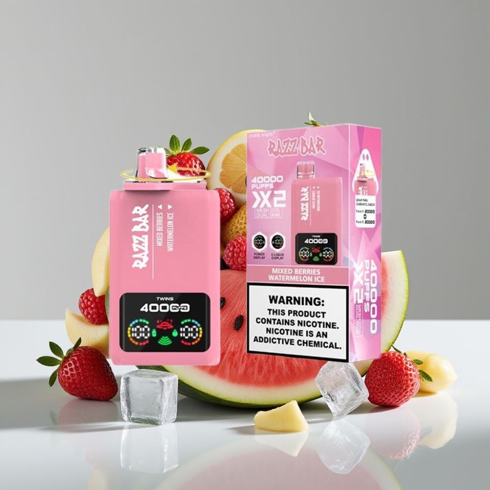Razz Bar 40000 Puffs شاشة عرض طاقة نكهة التوت والبطيخ المثلج مع ملف شبكي مزدوج 1.0Ω وبطارية 650 مAh