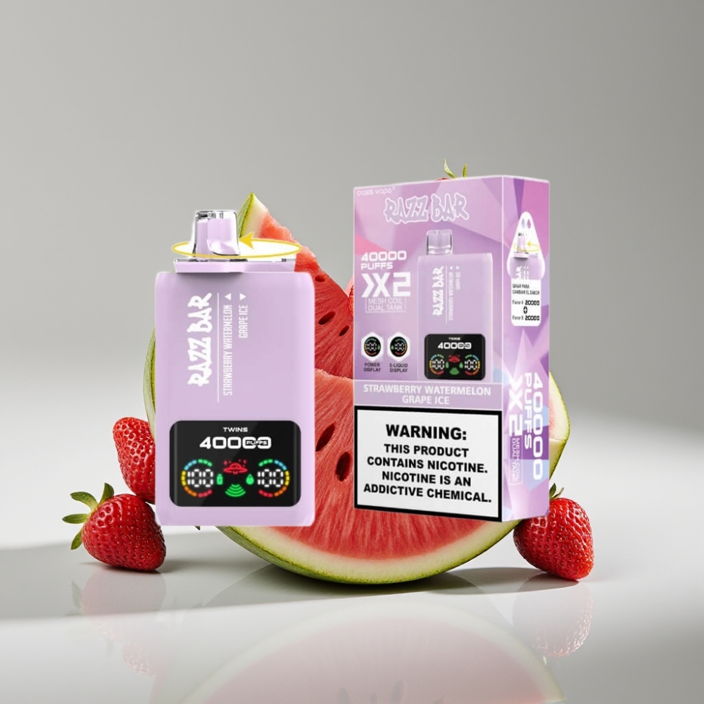 Razz Bar 40000 Puffs سيجارة إلكترونية للاستخدام مرة واحدة شريط توت فرعي بطيخ وعنب مثلج - شاشة عرض - 650 مآه - ملف شبكي مزدوج 1.0Ω