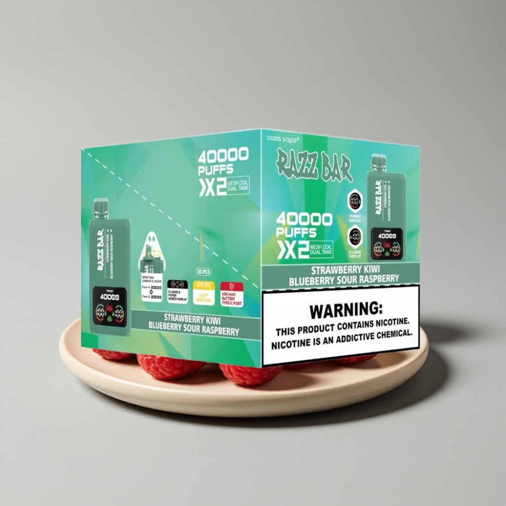 Razz Bar 40000 Puffs سيجارة إلكترونية للاستخدام مرة واحدة شريط التوت البري والفراولة والكيوي - شاشة عرض - 650 مللي أمبير - منفذ Type-C