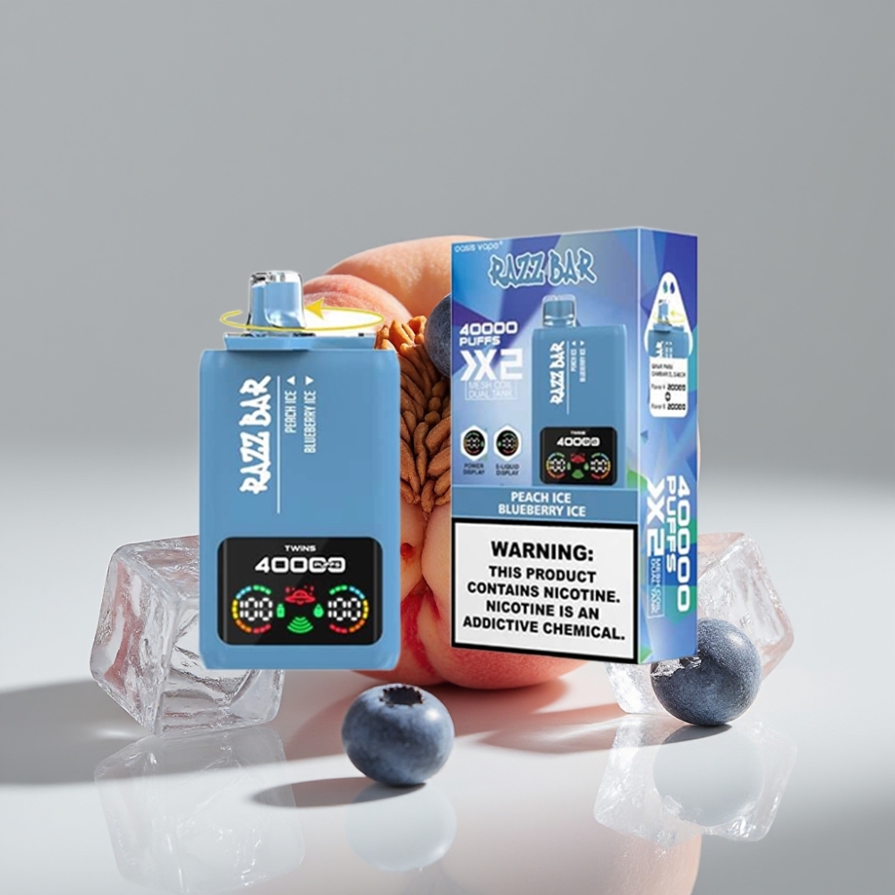 Razz Bar 40000 Puffs شيشة إلكترونية نكهة خوخ مثلج وتوت أزرق مثلج شاشة عرض طاقة Type-C 650 مللي أمبير