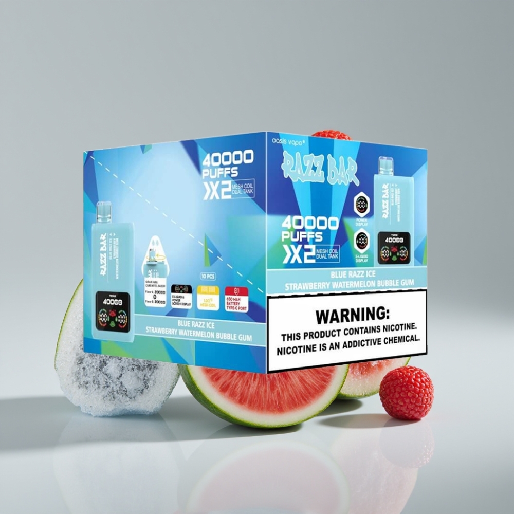 Razz Bar 40000 Puffs شريط توت أزرق مثلج - فراولة بطيخ علكة شاشة طاقة شحن Type-C