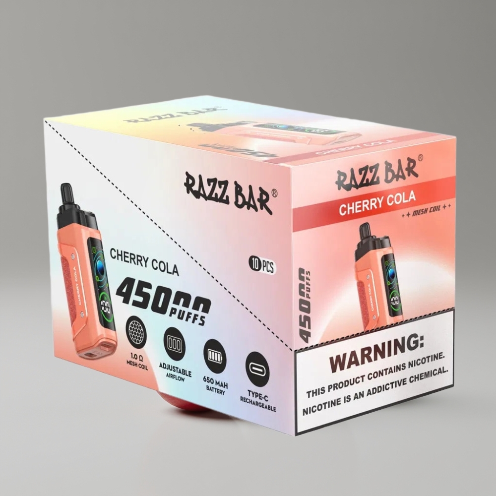 Razz Bar 45000 Puffs سيجارة إلكترونية للاستخدام مرة واحدة 1.0 Ohm Mesh Coil Adjustable Airflow Type-C Rechargeable كرز كولا