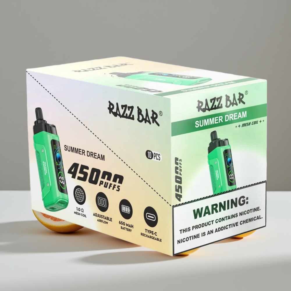 Razz Bar 45000 Puffs سيجارة إلكترونية للاستخدام مرة واحدة حلم صيفي مع 1.0 Ohm Mesh Coil و Type-C شحن