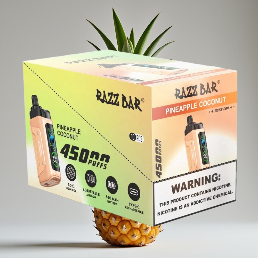 Razz Bar 45000 Puffs سيجارة إلكترونية للاستخدام مرة واحدة أناناس وجوز الهند - 650 مAh بطارية، Type-C شحن، 20 ملغم/مل نيكوتين