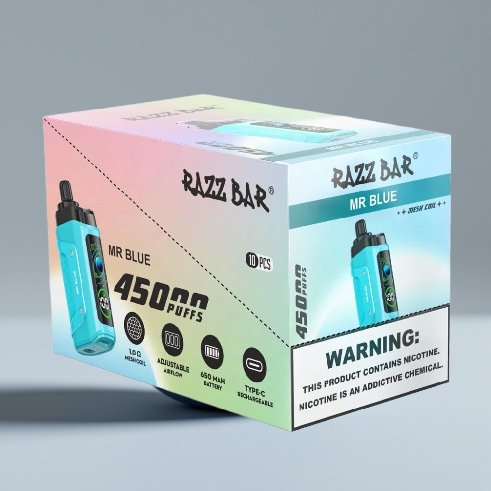 Razz Bar 45000 Puffs سيجارة إلكترونية للاستخدام مرة واحدة Mr Blue - 650 Mah Battery - Type-C Rechargeable - 20 mg/ml Nicotine