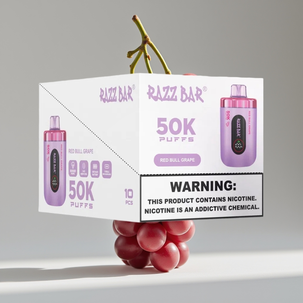 Razz Bar 50000بخاخ للاستعمال الواحد بنكهة العنب ريد بول - 50000 نفخة، بطارية 650 مللي أمبير، شحن Type-C، 2% نيكوتين