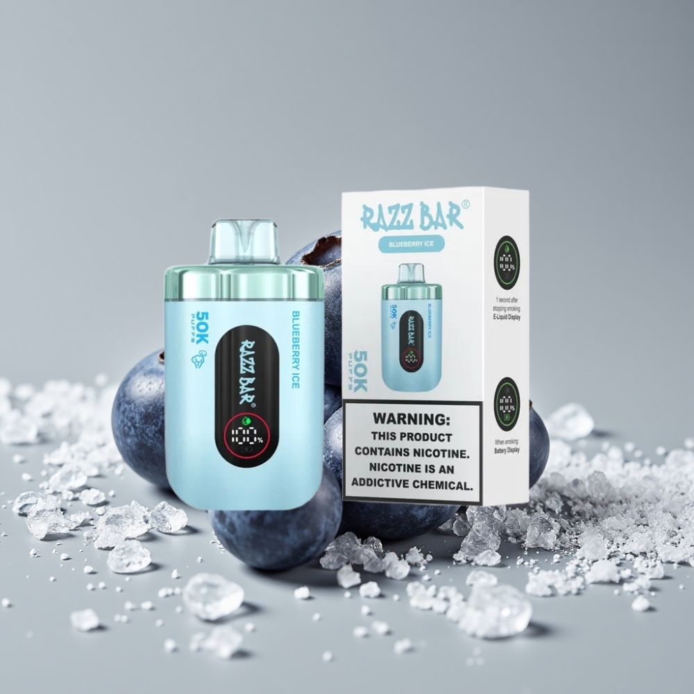 Razz Bar 50K Puffs سيجارة إلكترونية للاستخدام مرة واحدة بلو بيري آيس - 50000 نفخة، بطارية 650 مAh، شحن Type-C، نيكوتين 2%