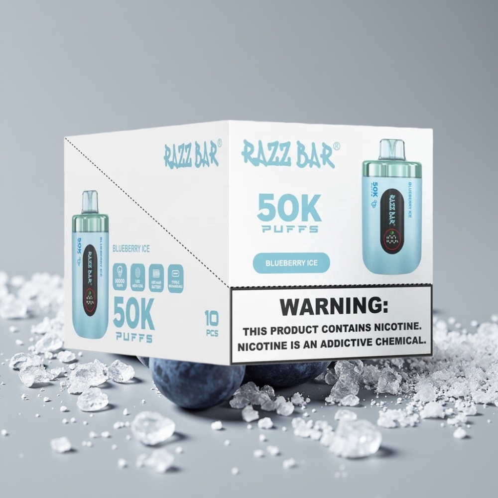 Razz Bar 50K Puffs سيجارة إلكترونية للاستخدام مرة واحدة بلو بيري آيس - 50000 نفخة، بطارية 650 مAh، شحن Type-C، نيكوتين 2%
