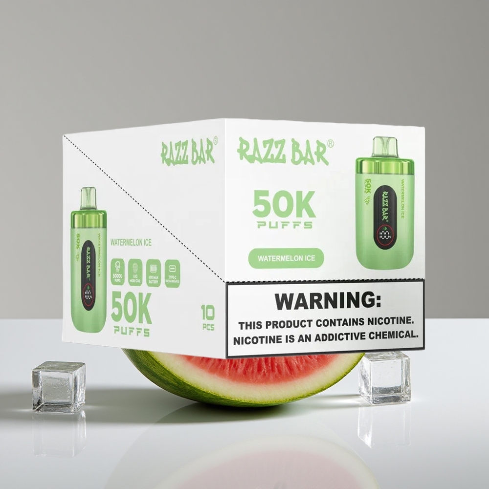 Razz Bar 50K Puffs سيجارة إلكترونية للاستخدام مرة واحدة بطيخ مثلج - 50000 نفخة، 650 مللي أمبير، شحن Type-C، نيكوتين 2%