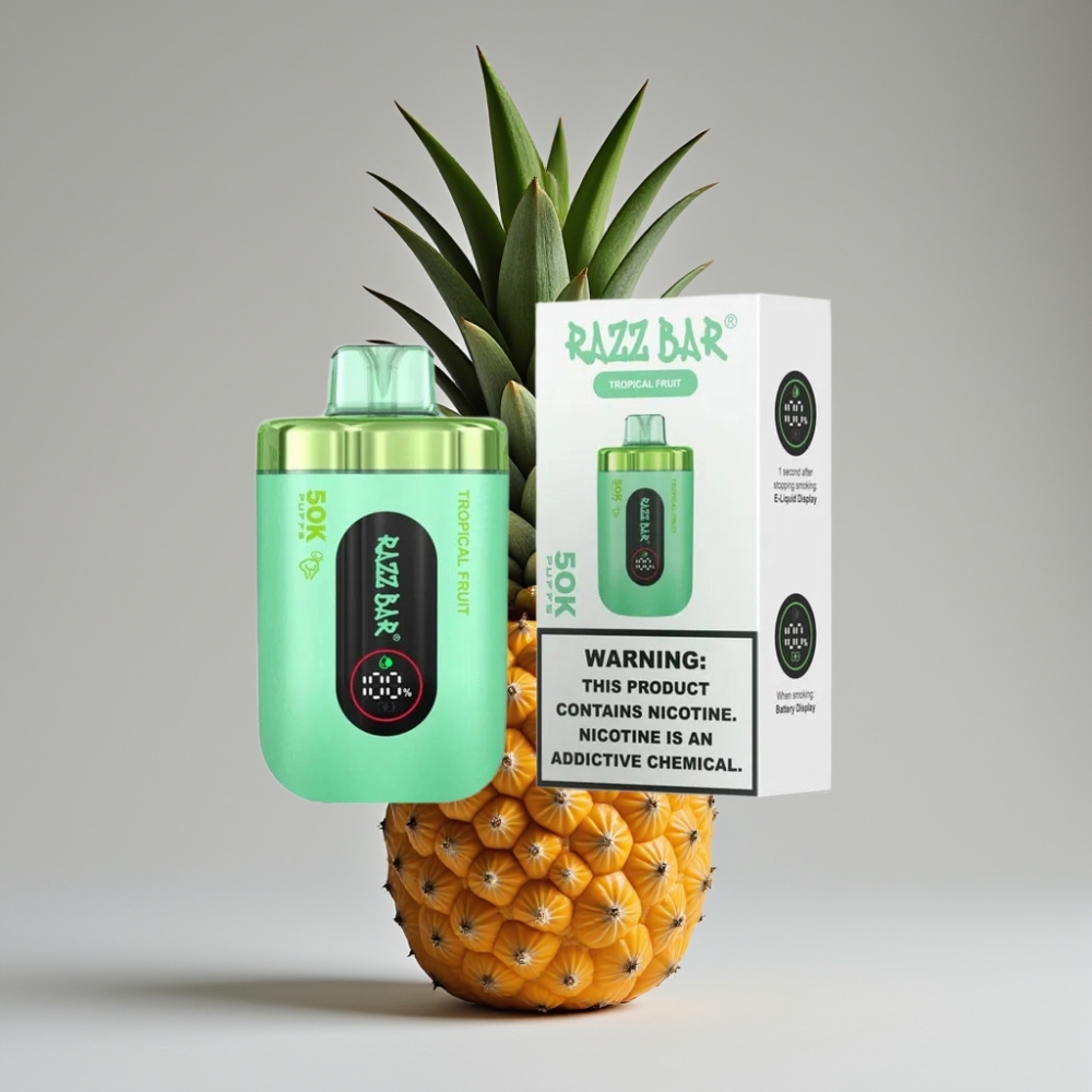 Razz Bar 50K Puffs سيجارة إلكترونية للاستخدام مرة واحدة فاكهة استوائية - 50000 نفخة، بطارية 650 مللي أمبير، شحن Type-C، 2% نيكوتين