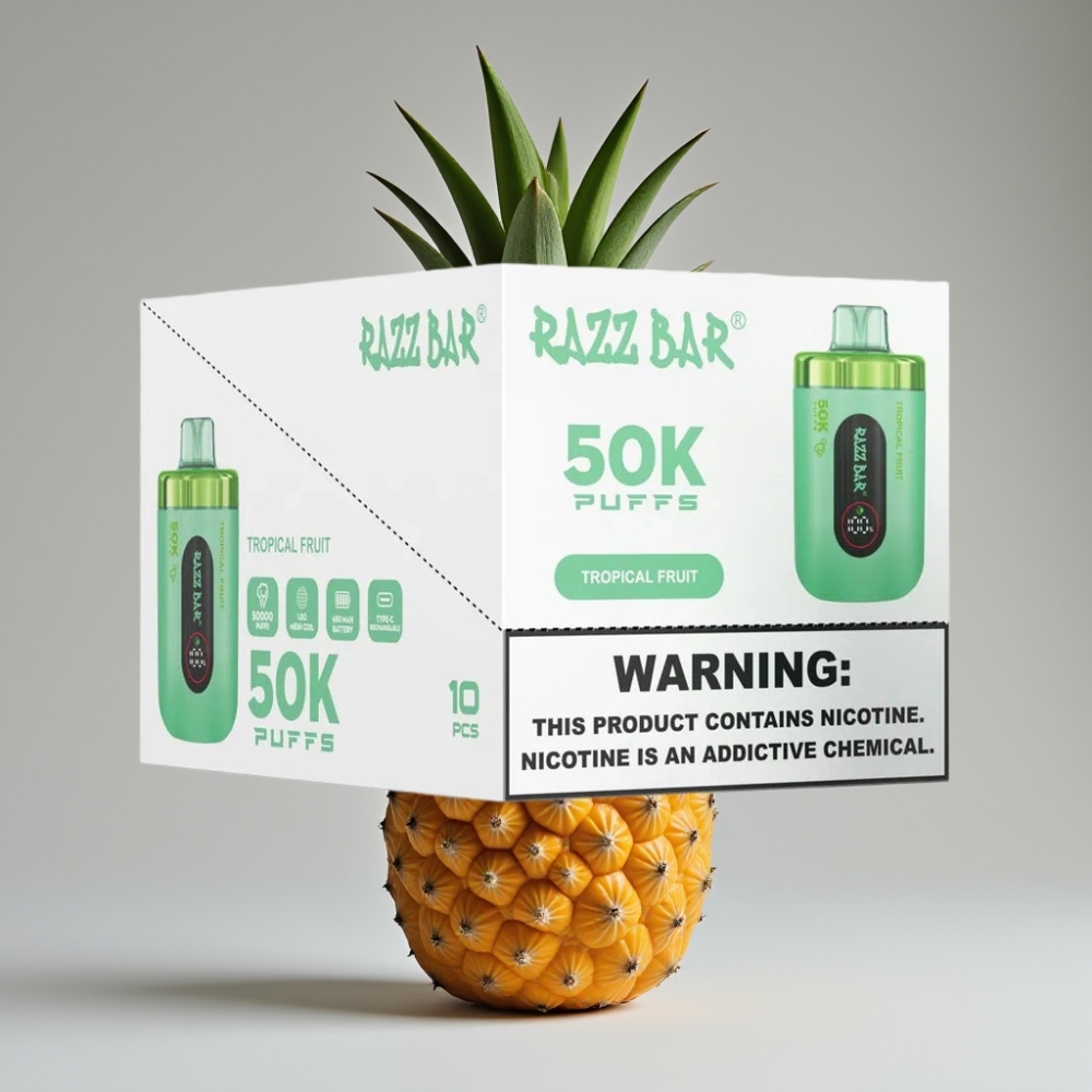 Razz Bar 50K Puffs سيجارة إلكترونية للاستخدام مرة واحدة فاكهة استوائية - 50000 نفخة، بطارية 650 مللي أمبير، شحن Type-C، 2% نيكوتين