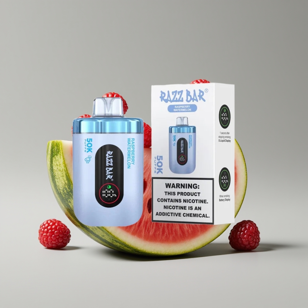 Razz Bar 50K Puffs سيجارة إلكترونية للاستخدام مرة واحدة بتوت العليق والبطيخ - 50000 نفخة، بطارية 650 مللي أمبير، شحن Type-C، نيكوتين 2%