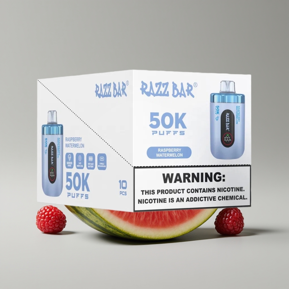 Razz Bar 50K Puffs سيجارة إلكترونية للاستخدام مرة واحدة بتوت العليق والبطيخ - 50000 نفخة، بطارية 650 مللي أمبير، شحن Type-C، نيكوتين 2%