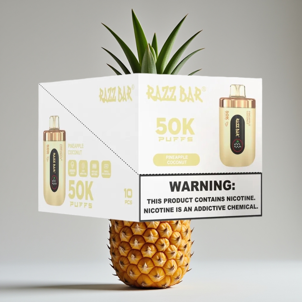 Razz Bar 50K Puffs سيجارة إلكترونية للاستخدام مرة واحدة أناناس وجوز الهند - 50000 نفخة، بطارية 650 مللي أمبير، شحن Type-C