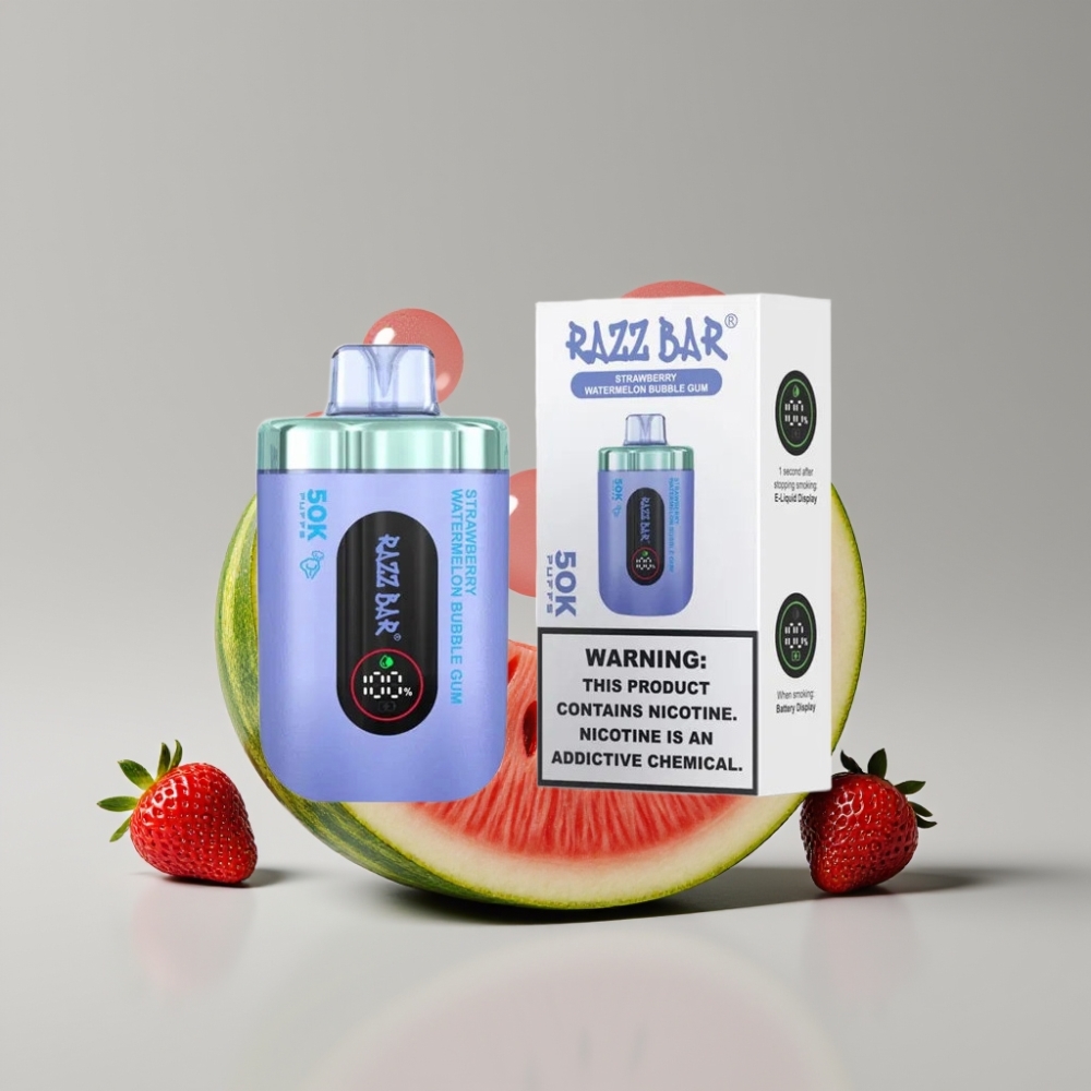 Razz Bar 50K Puffs سيجارة إلكترونية للاستخدام مرة واحدة - فراولة بطيخ علكة فقاعية، 50000 نفخة، شحن Type-C، 2% نيكوتين